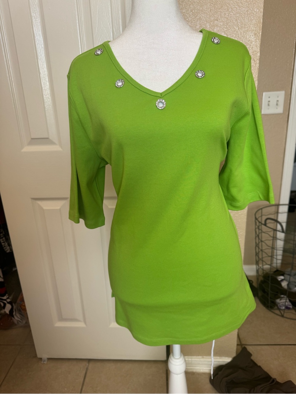 Quacker Factory Lime Green V-Neck Knit Top with Rhinestone Accents